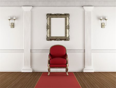 pilastra - White classic living room with red armchair, pilaster and blank golden frame on wall - 3d rendering Foto de stock - Royalty-Free Super Valor e Assinatura, Número: 400-08752644
