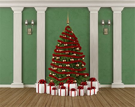 pilastra - Classic interior with green wall,pilaster,Christmas tree and gift - 3d rendering Foto de stock - Royalty-Free Super Valor e Assinatura, Número: 400-08752642