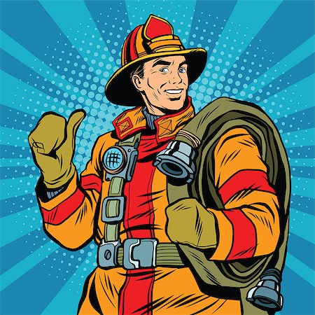 fireproof - Rescue firefighter in safe helmet and uniform, pop art retro vector illustration Stock Photo - Budget Royalty-Free & Subscription, Code: 400-08752702