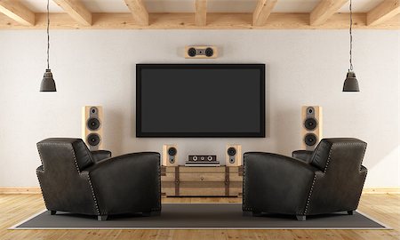 elegant tv room - Vintage room with contemporary home cinema system - 3d rendering Stock Photo - Budget Royalty-Free & Subscription, Code: 400-08752717