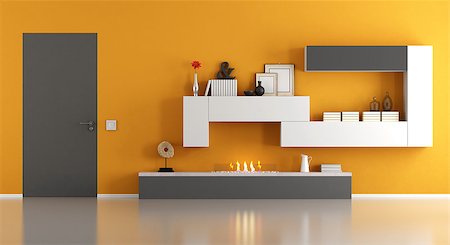 fireplace bookshelf - Modern living room with ecological fireplace and closed door - 3d rendering Stock Photo - Budget Royalty-Free & Subscription, Code: 400-08752718
