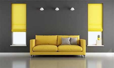 Black and yellow living room with modern sofa and two windows with curtains - 3d rendering Stock Photo - Budget Royalty-Free & Subscription, Code: 400-08752721