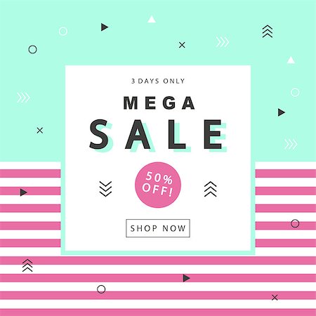 Mega Sale banner with geometric shapes in scandinavian, swiss, 80s, 90s trendy style. Special offer, discount concept. Typographic design poster, flyer template for your business. Vector illustration Stockbilder - Microstock & Abonnement, Bildnummer: 400-08752844