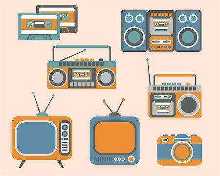 Retro Media electronics, Icons Set, vector illustration of tv, radio, photo camera, cassette, radio tape recorder Stockbilder - Microstock & Abonnement, Bildnummer: 400-08752845