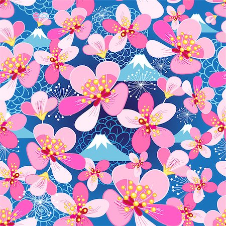 simsearch:400-08158857,k - Seamless floral pattern of cherry blossoms on a blue background Photographie de stock - Aubaine LD & Abonnement, Code: 400-08752879