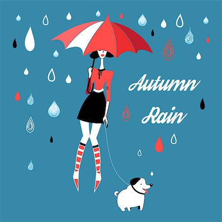 fashion dog cartoon - Illustration vector girl under an umbrella with a dog Stock Photo - Budget Royalty-Free & Subscription, Code: 400-08752882