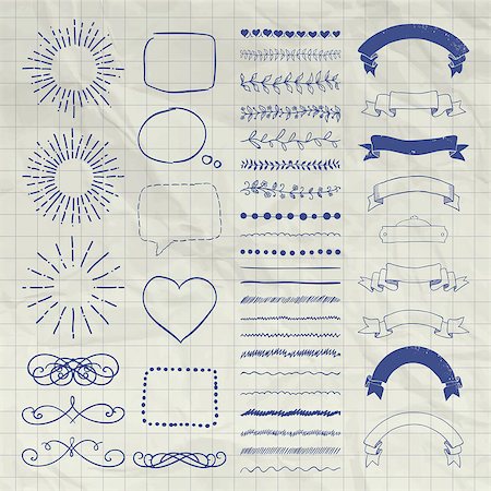 simsearch:400-08755813,k - Set of Black Hand Drawn Doodle Design Elements. Rustic Decorative Borders, Dividers, Swirls, Sunbursts, Speech Bubbles, Ribbons, Objects on Crumpled Notebook Texture. Vector Illustration Stock Photo - Budget Royalty-Free & Subscription, Code: 400-08753190