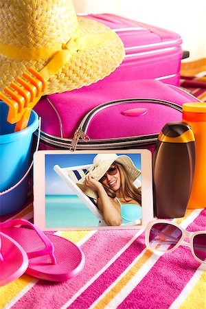 pink flip flops beach - Tablet showing vacations pictures with towel, sunglasses, sun creams and beach accessories. Stock Photo - Budget Royalty-Free & Subscription, Code: 400-08753277