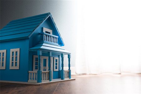 dollhouse room - Blue wooden model house next to a window with curtain on wooden floor. Foto de stock - Super Valor sin royalties y Suscripción, Código: 400-08753384