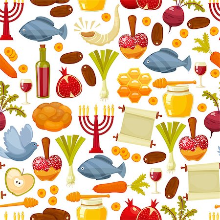 simsearch:400-09089749,k - Rosh Hashanah, Shana Tova or Jewish New year seamless pattern, with honey, apple, fish, bottle, torah ,lettuce, date, beet and other traditional items. Cartoon flat style vector illustration Foto de stock - Super Valor sin royalties y Suscripción, Código: 400-08753516