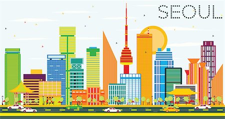 simsearch:400-09091979,k - Seoul Skyline with Color Buildings and Blue Sky. Vector Illustration. Business Travel and Tourism Concept with Seoul Modern Buildings. Image for Presentation and Banner. Stock Photo - Budget Royalty-Free & Subscription, Code: 400-08753614