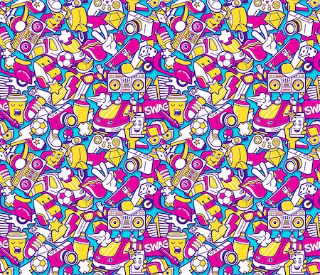 Graffiti seamless pattern with urban lifestyle line icons. Crazy doodle seamless abstract background. Trendy linear style graffiti collage with bizzare street art elements. Vector seamless pattern Stock Photo - Budget Royalty-Free & Subscription, Code: 400-08753683