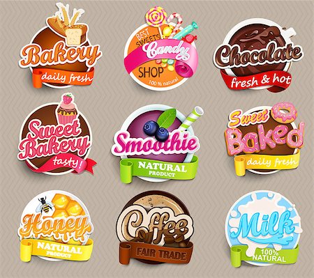 Set of stickers of food - farm fresh and pizza, fresh juice and grill, water, chocolate, coffee, smoothie, honey . Vector. Stock Photo - Budget Royalty-Free & Subscription, Code: 400-08760028