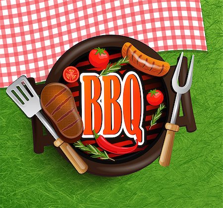 food for the fourth - BBQ Grill elements - Typographical Design Label or Sticer on the background of green grass and rustic tablecloths in red and white squares. Design Template. Vector illustration. Stock Photo - Budget Royalty-Free & Subscription, Code: 400-08760033