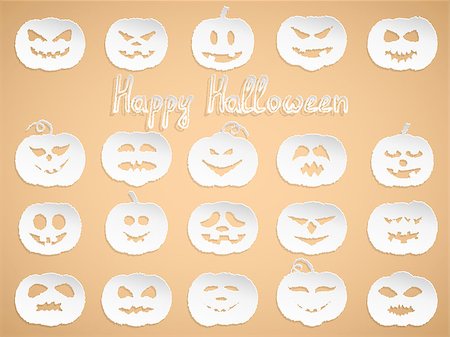 pavelav (artist) - Set of 20 white pumpkins for Halloween torn paper with different facial expressions on a beige background and the words Happy Halloween Foto de stock - Super Valor sin royalties y Suscripción, Código: 400-08774173