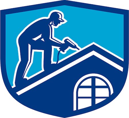 simsearch:400-07747598,k - Illustration of a roofer construction worker wearing hat working on roof with hand drill viewed from the side set inside shield crest done in retro style. Photographie de stock - Aubaine LD & Abonnement, Code: 400-08774210