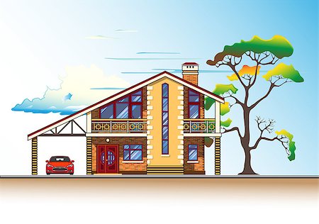 pavelmir (artist) - House or cottage, tree, a carport and a car. Color graphics vector Stockbilder - Microstock & Abonnement, Bildnummer: 400-08774366
