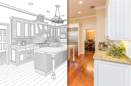 simsearch:400-08498867,k - Split Screen Of Drawing and Photo of Beautiful New Kitchen. Foto de stock - Super Valor sin royalties y Suscripción, Código: 400-08774555