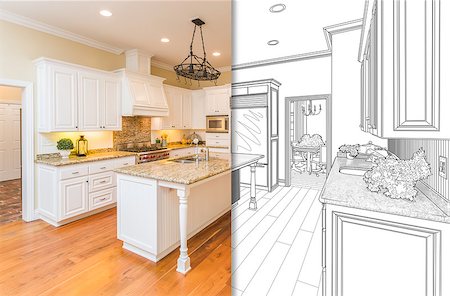 simsearch:400-08498867,k - Split Screen Of Drawing and Photo of Beautiful New Kitchen. Foto de stock - Super Valor sin royalties y Suscripción, Código: 400-08774556