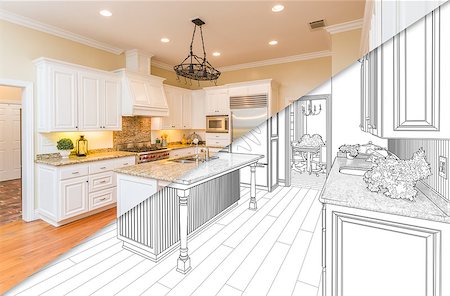 simsearch:400-08498867,k - Diagonal Split Screen Of Drawing and Photo of Beautiful New Kitchen. Foto de stock - Super Valor sin royalties y Suscripción, Código: 400-08774557