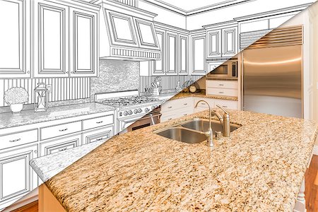 simsearch:400-08498867,k - Diagonal Split Screen Of Drawing and Photo of Beautiful New Kitchen. Foto de stock - Super Valor sin royalties y Suscripción, Código: 400-08774565