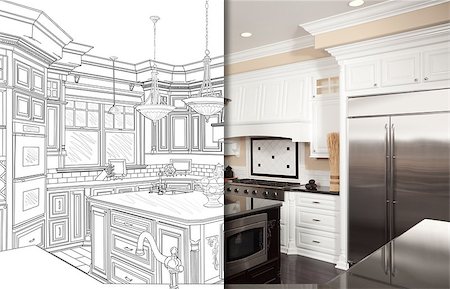 simsearch:400-08498867,k - Split Screen Of Drawing and Photo of Beautiful New Kitchen. Foto de stock - Super Valor sin royalties y Suscripción, Código: 400-08774568