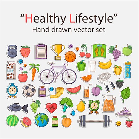 Vector Healthy lifestyle sticker set with shadow in doodle style.Sport activities. Stock Photo - Budget Royalty-Free & Subscription, Code: 400-08774789