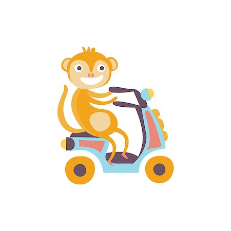 simsearch:400-08774806,k - Monkey On A Scooter Stylized Fantastic Illustration Childish Simplified Funny Flat Drawing On White Background Stockbilder - Microstock & Abonnement, Bildnummer: 400-08774833