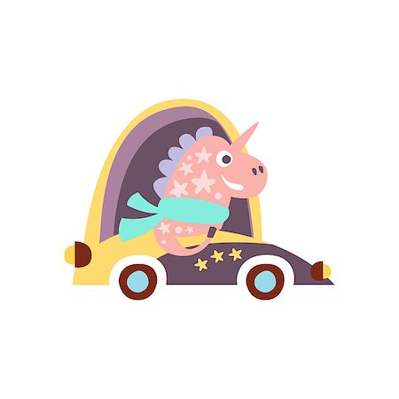 simsearch:400-08774806,k - Unicorn In Racing Car Stylized Fantastic Illustration Childish Simplified Funny Flat Drawing On White Background Stockbilder - Microstock & Abonnement, Bildnummer: 400-08774847