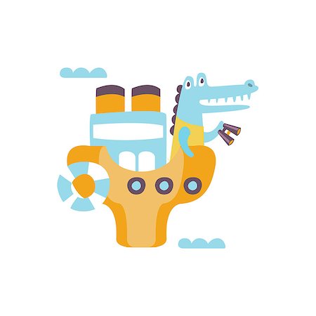 Crocodile On A Ship With Binoculars Stylized Fantastic Illustration Childish Simplified Funny Flat Drawing On White Background Stock Photo - Budget Royalty-Free & Subscription, Code: 400-08774840