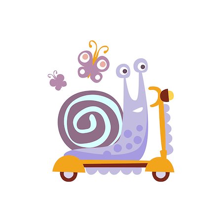 simsearch:400-08774806,k - Snail Riding A Scooter Stylized Fantastic Illustration Childish Simplified Funny Flat Drawing On White Background Stockbilder - Microstock & Abonnement, Bildnummer: 400-08774843