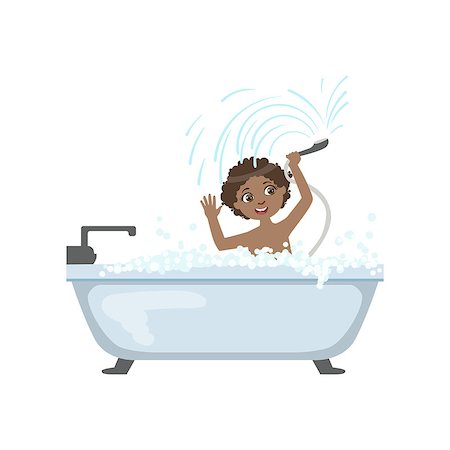 Boy Taking The Bath And Playing With Shower Simple Design Illustration In Cute Fun Cartoon Style Isolated On White Background Stock Photo - Budget Royalty-Free & Subscription, Code: 400-08774875