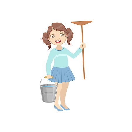 swab - Girl Holding The Mop And Water Bucket Simple Design Illustration In Cute Fun Cartoon Style Isolated On White Background Stock Photo - Budget Royalty-Free & Subscription, Code: 400-08774877