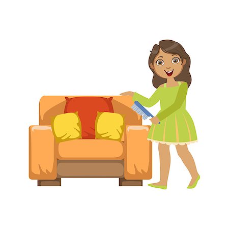 Girl Cleaning Dust Off Armchair WIth Brush Simple Design Illustration In Cute Fun Cartoon Style Isolated On White Background Stock Photo - Budget Royalty-Free & Subscription, Code: 400-08774886