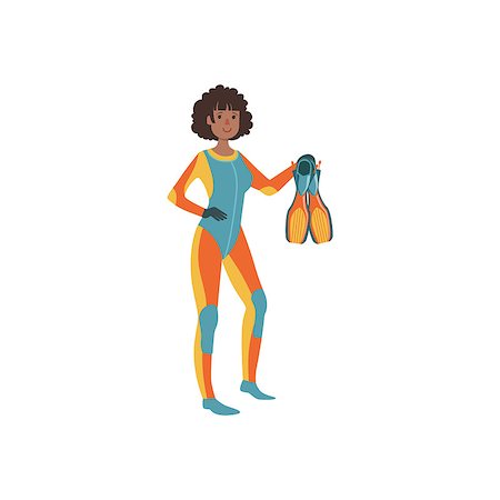 diver in the suit - Female Snorkeler In Long Suit Holding Fins Bright Color Cartoon Simple Style Flat Vector Illustration Isolated On White Background Stock Photo - Budget Royalty-Free & Subscription, Code: 400-08774890