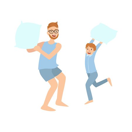 Dad And Son Pillow Fighting In Pajamas Simple Childish Flat Colorful Illustration On White Background Stock Photo - Budget Royalty-Free & Subscription, Code: 400-08774927