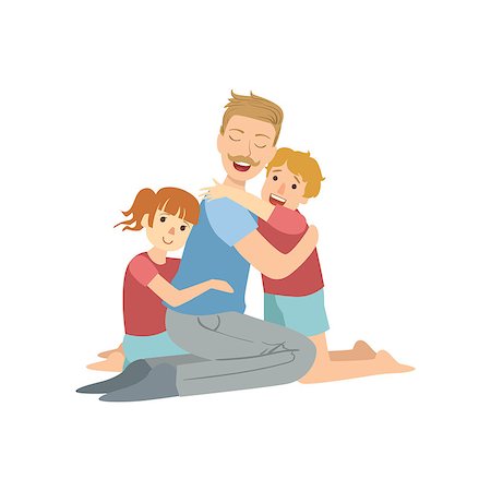 funny cartoons father and daughter - Dad Hugging His Son And Daughter Simple Childish Flat Colorful Illustration On White Background Stock Photo - Budget Royalty-Free & Subscription, Code: 400-08774930