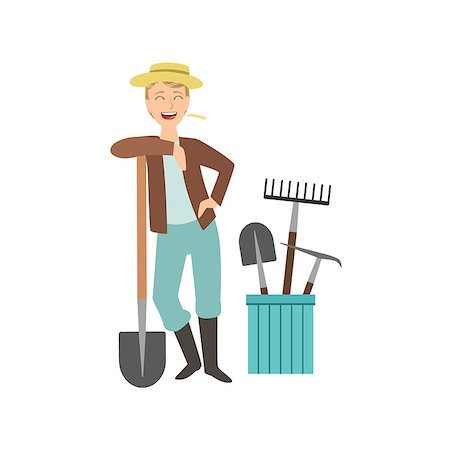 simsearch:400-08052054,k - Guy Leaning On Spade With Bucket Of Other Farm Equipment Behind Simple Childish Flat Colorful Illustration On White Background Photographie de stock - Aubaine LD & Abonnement, Code: 400-08774968