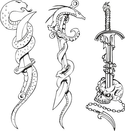 dagger outline - Set of black and white tattoo sketches with snakes entwining daggers and skull Stock Photo - Budget Royalty-Free & Subscription, Code: 400-08775154