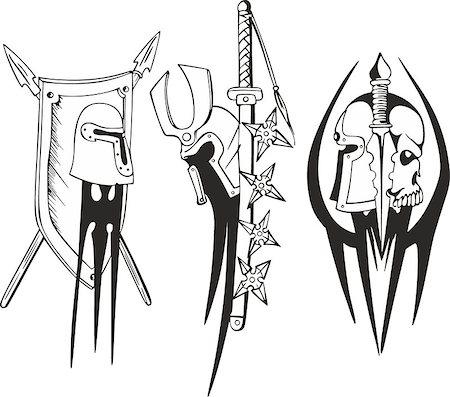 dagger outline - Set of outline black and white tattoo sketches of Teutonic crusader shields with helmets, spears, sword and dagger Stock Photo - Budget Royalty-Free & Subscription, Code: 400-08775152