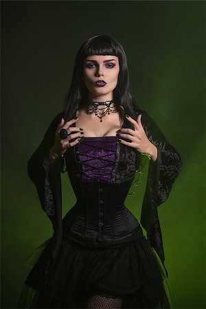 simsearch:400-07776243,k - Beautiful Halloween witch dressed in a corset and velvet blouse, studio shot Fotografie stock - Microstock e Abbonamento, Codice: 400-08775194