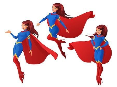 Set of women in blue and red superhero outfit in three different poses. Cartoon vector illustration isolated on white background. Stock Photo - Budget Royalty-Free & Subscription, Code: 400-08775209