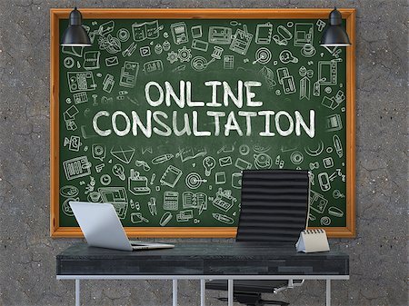 Green Chalkboard on the Dark Old Concrete Wall in the Interior of a Modern Office with Hand Drawn Online Consultation. Business Concept with Doodle Style Elements. 3D. Stock Photo - Budget Royalty-Free & Subscription, Code: 400-08775251