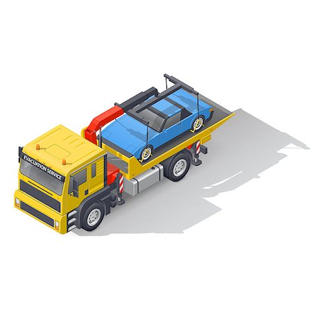 Vehicle tow truck transporting on board a broken car isometric icon set vector graphic illustration design Stock Photo - Budget Royalty-Free & Subscription, Code: 400-08775828