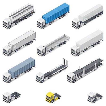 Trucks with different semi-trailers detailed isometric icons set vector graphic illustration design Stock Photo - Budget Royalty-Free & Subscription, Code: 400-08775829
