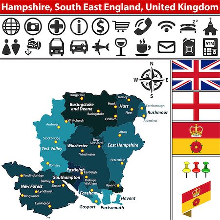 Vector map of Hampshire, South East England, United Kingdom with regions and flags Fotografie stock - Microstock e Abbonamento, Codice: 400-08775838