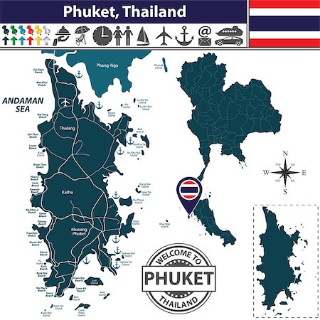 patong beach - Vector of Phuket Province, Thailand. Map contains Phang-Nga island, roads and beaches icons Stock Photo - Budget Royalty-Free & Subscription, Code: 400-08775846