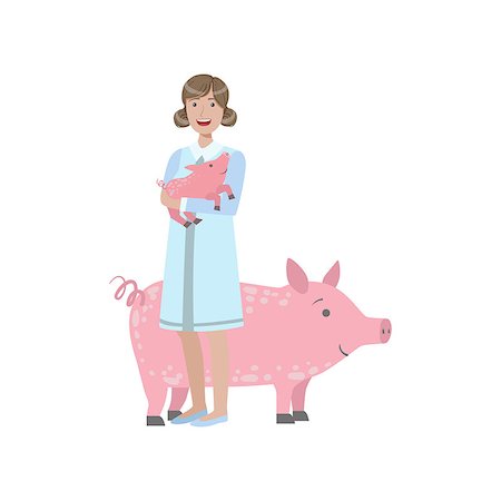 farmer holding pig - Woman In White Gown Holding A Piglet With Adult Pig Behing Her Simple Childish Flat Colorful Illustration On White Background Foto de stock - Super Valor sin royalties y Suscripción, Código: 400-08775861