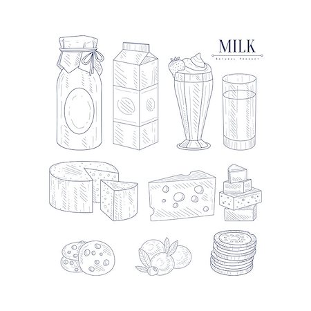 simsearch:400-08654097,k - Milk And Dairy Products Isolated Icons Hand Drawn Realistic Sketch. Hand Drawn Detailed Contour Illustration On White Background. Foto de stock - Super Valor sin royalties y Suscripción, Código: 400-08776014