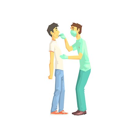 Doctor Examining Patients Throat Hospital And Healthcare Themed Illustration. Cool Colorful Vector Sticker In Stylized Geometric Cartoon Design Stock Photo - Budget Royalty-Free & Subscription, Code: 400-08776016